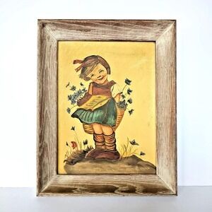 Vintage‎ Painting Bavarian Bashful Girl German Blue Flowers Signed Framed 1832